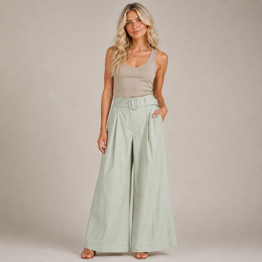 NWT Love Bonito Leggy Belted Wide Leg Pants Sage Green High Waist Pleated Small